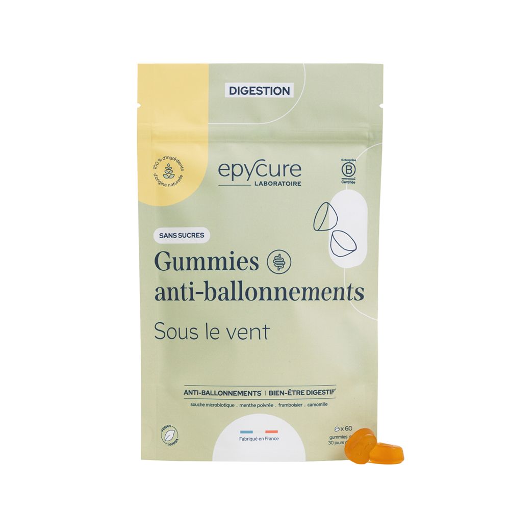 Sachet de gummies anti-ballonnements. Marque epyCure. Inscription : GUMMIES ANTI-BALLONNEMENTS. Certification bio.