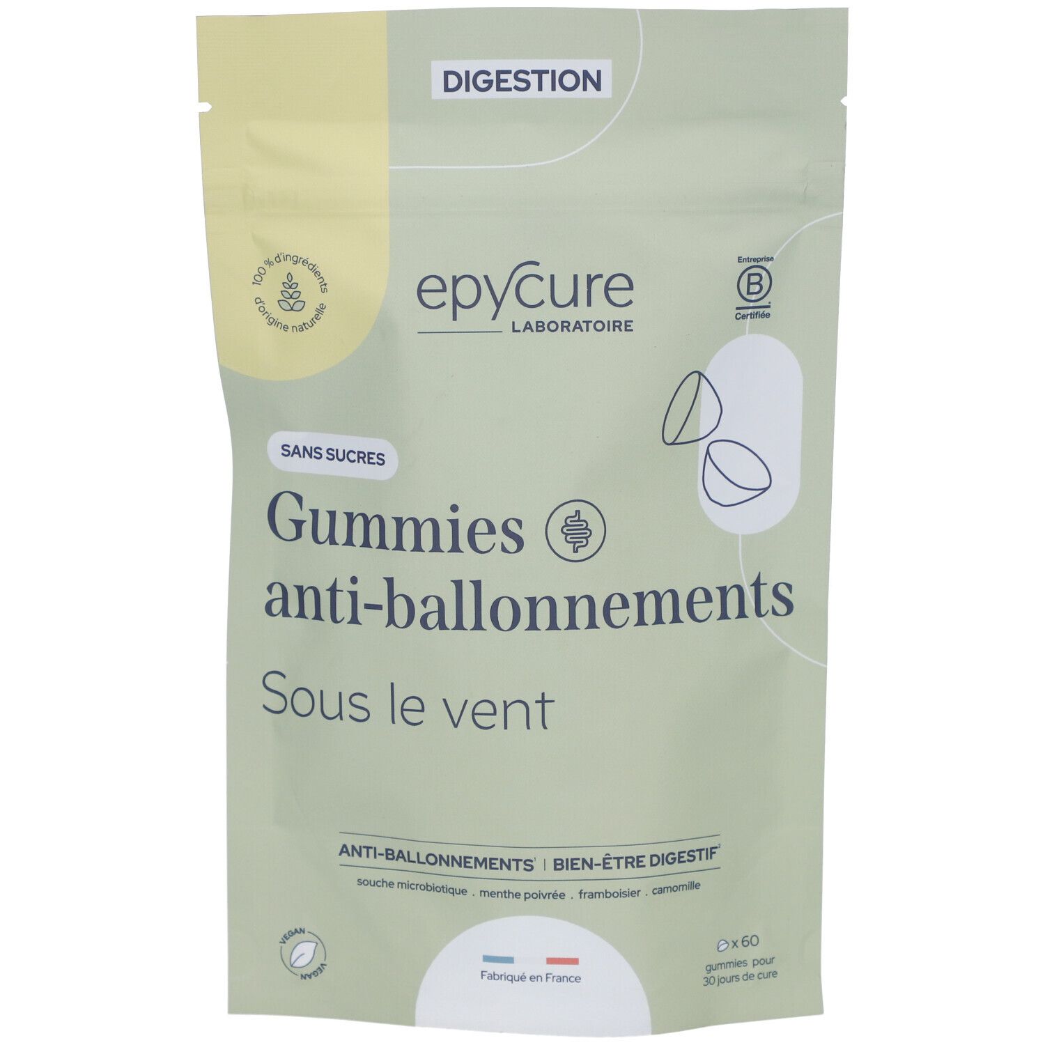 Sachet de gummies Epycure anti-ballonnements, sans sucres. Certifié bio. Inscription: Digestion. Contient 60 gummies.