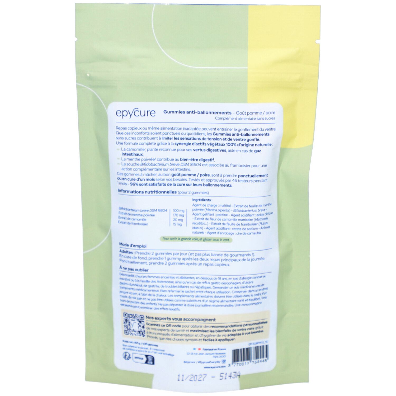 Dos du sachet de gummies Epycure. Texte: Gummies anti-ballonnements. Liste des ingrédients et mode d'emploi.