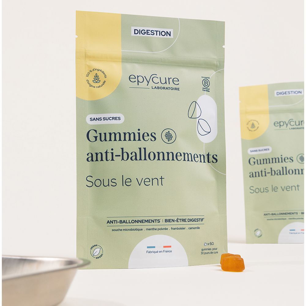 Sachet de gummies anti-ballonnements epyCure. Inscription : GUMMIES ANTI-BALLONNEMENTS. Deux gummies à côté.