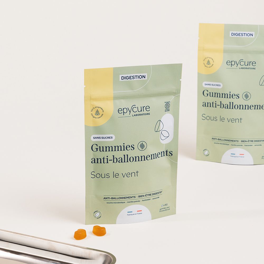 Sachet de gummies anti-ballonnements epyCure. Inscription : GUMMIES ANTI-BALLONNEMENTS. Deux gummies à côté.