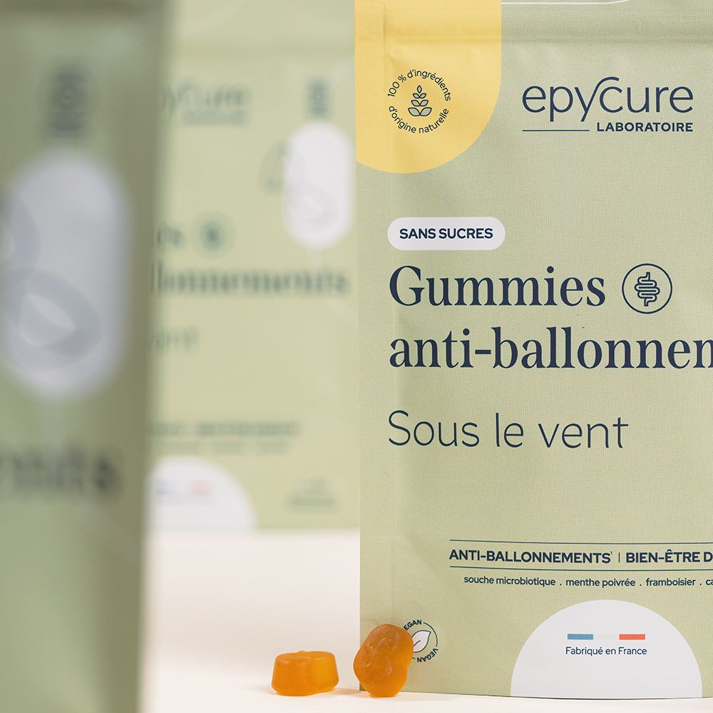 Sachet de gummies anti-ballonnements epyCure. Inscription : GUMMIES ANTI-BALLONNEMENTS. Deux gummies à côté.