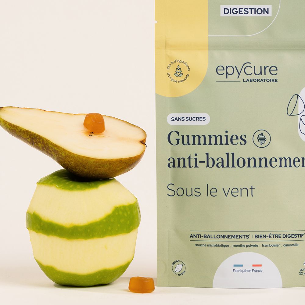 Sachet de gummies anti-ballonnements epyCure. Inscription : GUMMIES ANTI-BALLONNEMENTS. Pomme et poire à côté.