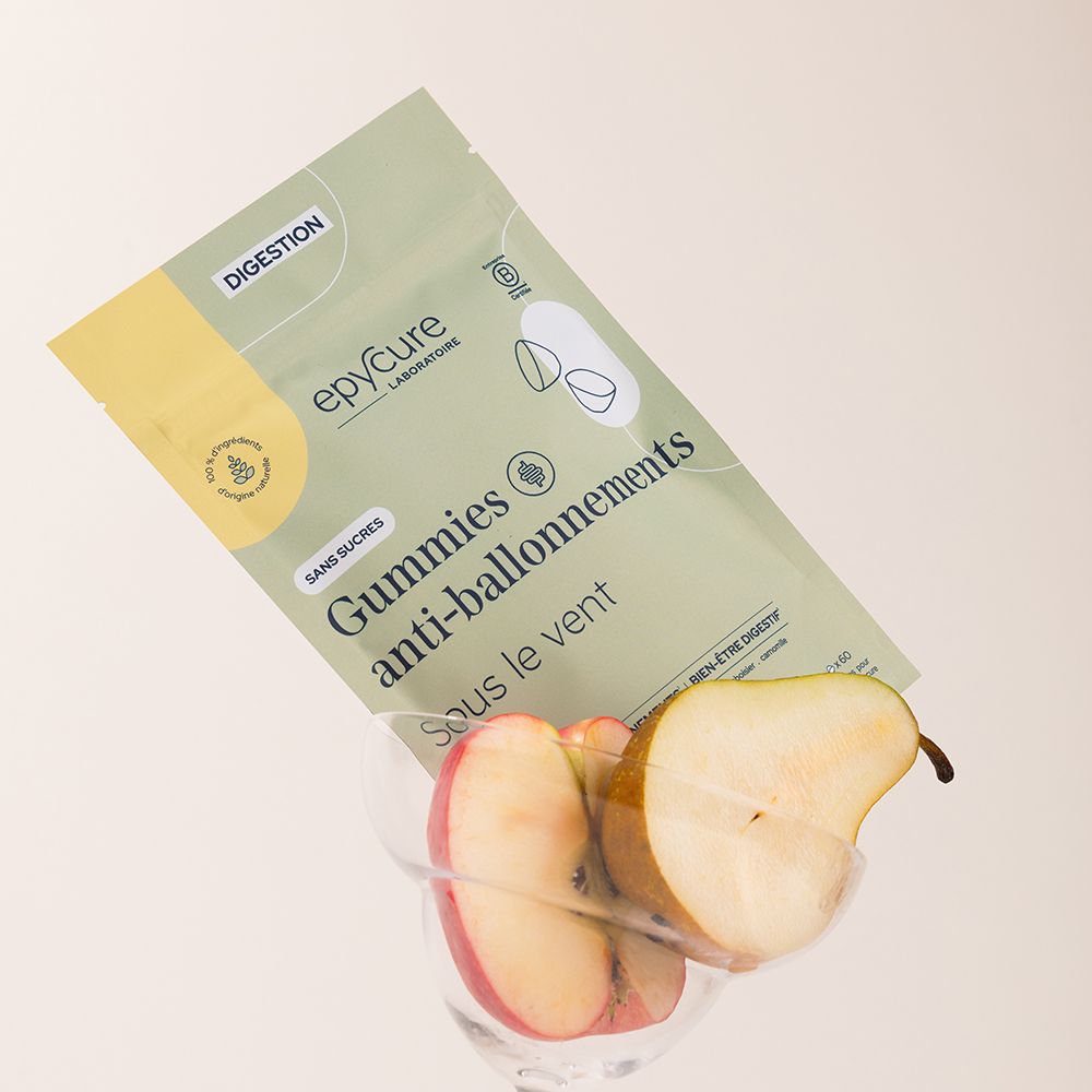 Sachet de gummies anti-ballonnements epyCure. Inscription : GUMMIES ANTI-BALLONNEMENTS. Pomme et poire dans un verre.