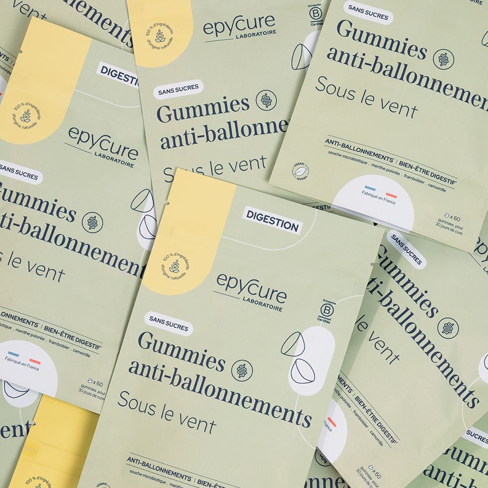 Plusieurs sachets de gummies anti-ballonnements epyCure. Inscription : GUMMIES ANTI-BALLONNEMENTS.