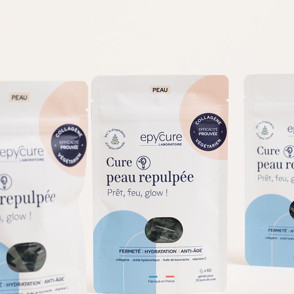 Plusieurs sachets de gélules. Inscription: Cure peau repulpée, epycure. Certification collagène végétarien.