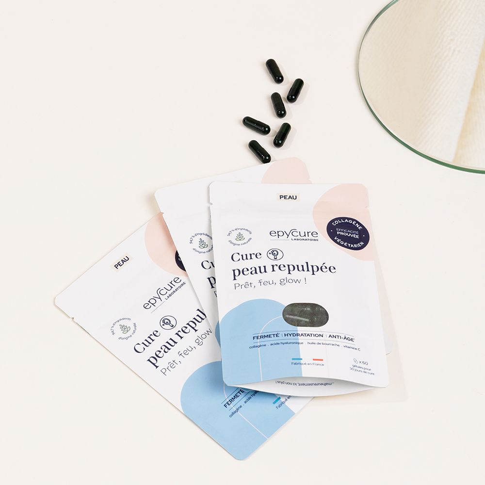 Plusieurs sachets et gélules. Inscription: Cure peau repulpée, epycure. Certification collagène végétarien.