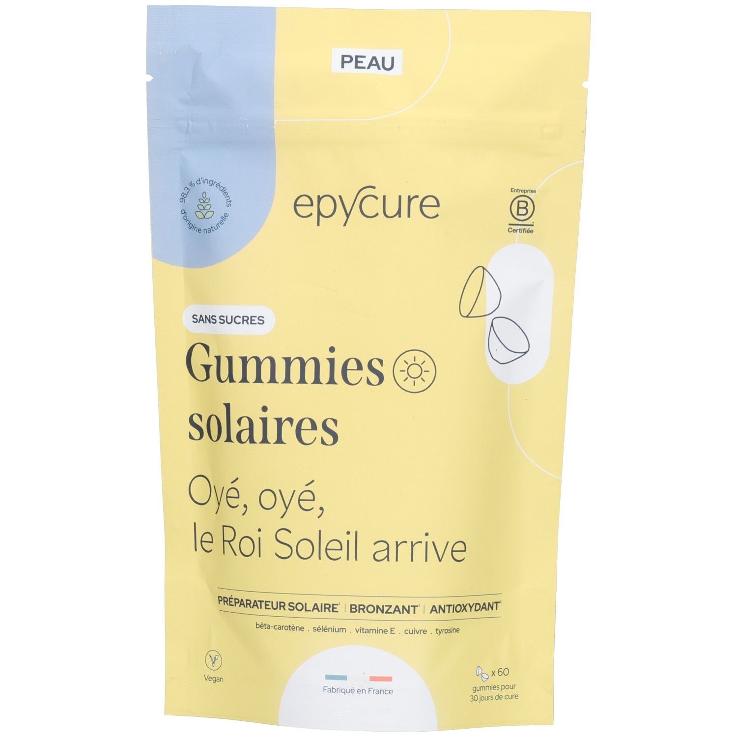 Sachet jaune "epycure" avec "Gummies solaires". Vegan, sans sucres. Contient 60 gummies pour 30 portions.