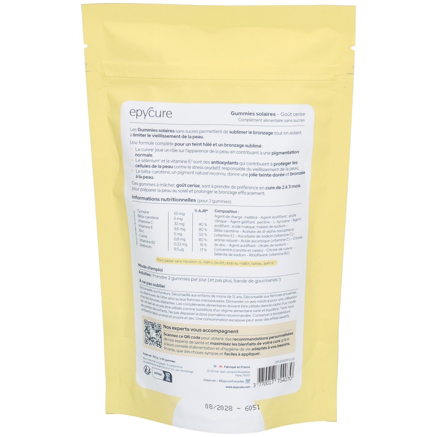 Dos du sachet jaune. Texte avec informations nutritionnelles et ingrédients. Contient des informations sur les gummies.