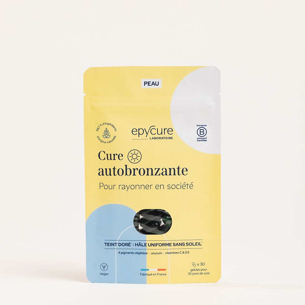 Sachet jaune avec Cure autobronzante. Contient des gélules. Inscription: Teint doré, Hâle uniforme sans soleil.