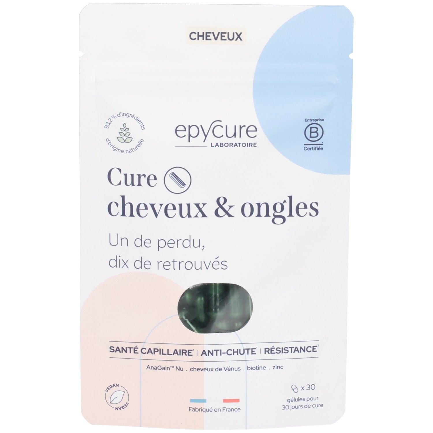 Sachet de gélules. Inscription : Cure cheveux & ongles. Contient 30 gélules. Vegan. Certifié.
