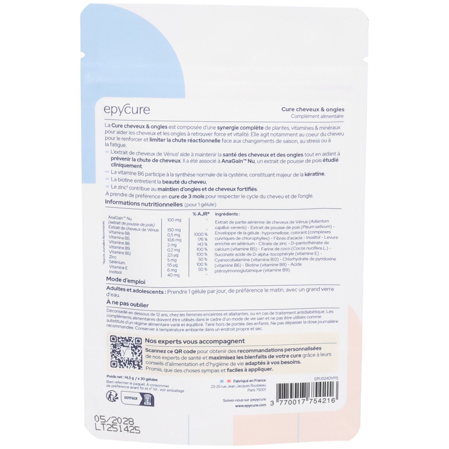 Dos du sachet. Texte avec ingrédients et informations nutritionnelles. Code QR et date de péremption.