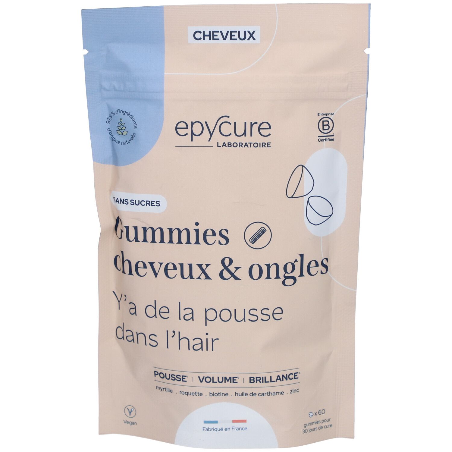 Sachet de Gummies Cheveux & Ongles Epycure. Inscription : Sans sucres, vegan. Contient 60 gummies.