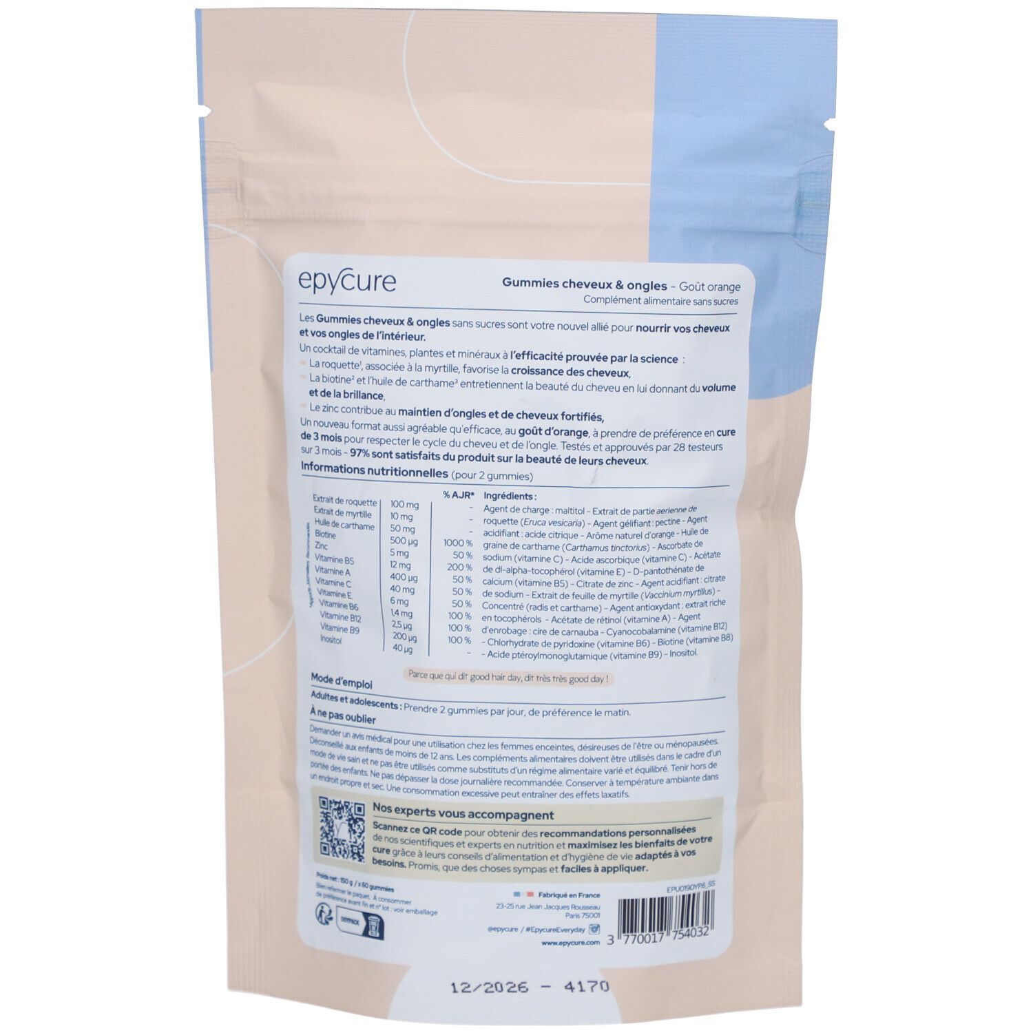 Dos du sachet Epycure Gummies Cheveux & Ongles. Texte avec ingrédients et instructions d'utilisation.