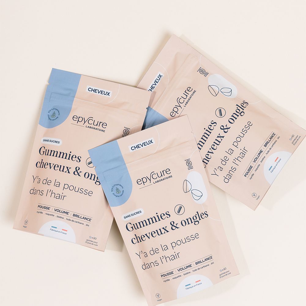 Trois sachets de gummies cheveux & ongles sans sucres. Marque epycure. Ingrédients et logo vegan. Fabriqué en France.