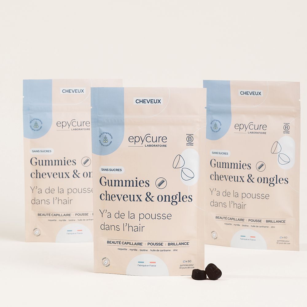 Trois sachets de gummies cheveux & ongles sans sucres. Marque epycure. Vegan. Fabriqué en France. Deux gummies visibles.