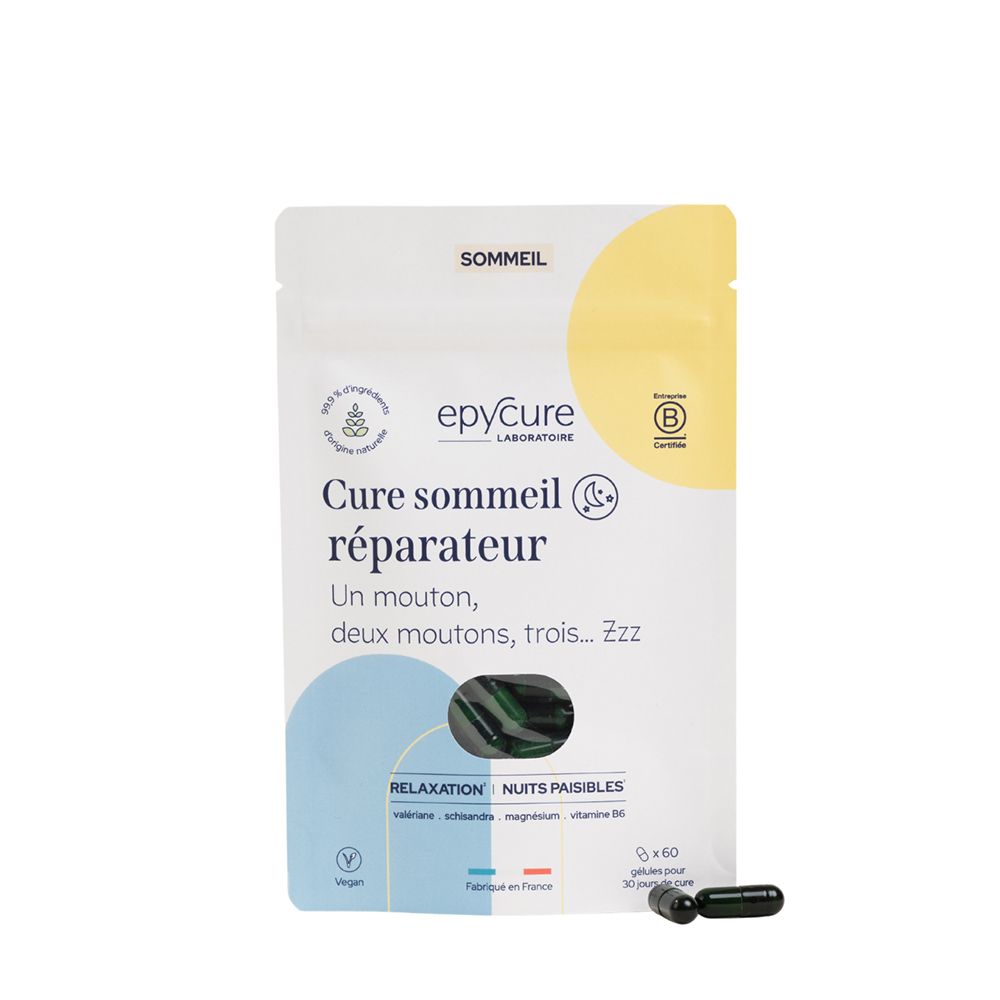 Sachet de gélules. Inscription: Cure sommeil réparateur. Marque: epycure. Contient 60 gélules. Label vegan. Emballage jaune et blanc.