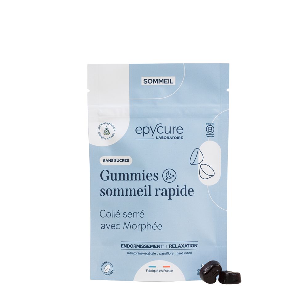 Sachet bleu avec bonbons gélifiés. Inscription: GUMMIES SOMMEIL RAPIDE SANS SUCRES. Logo: epyCure. Deux bonbons à côté.