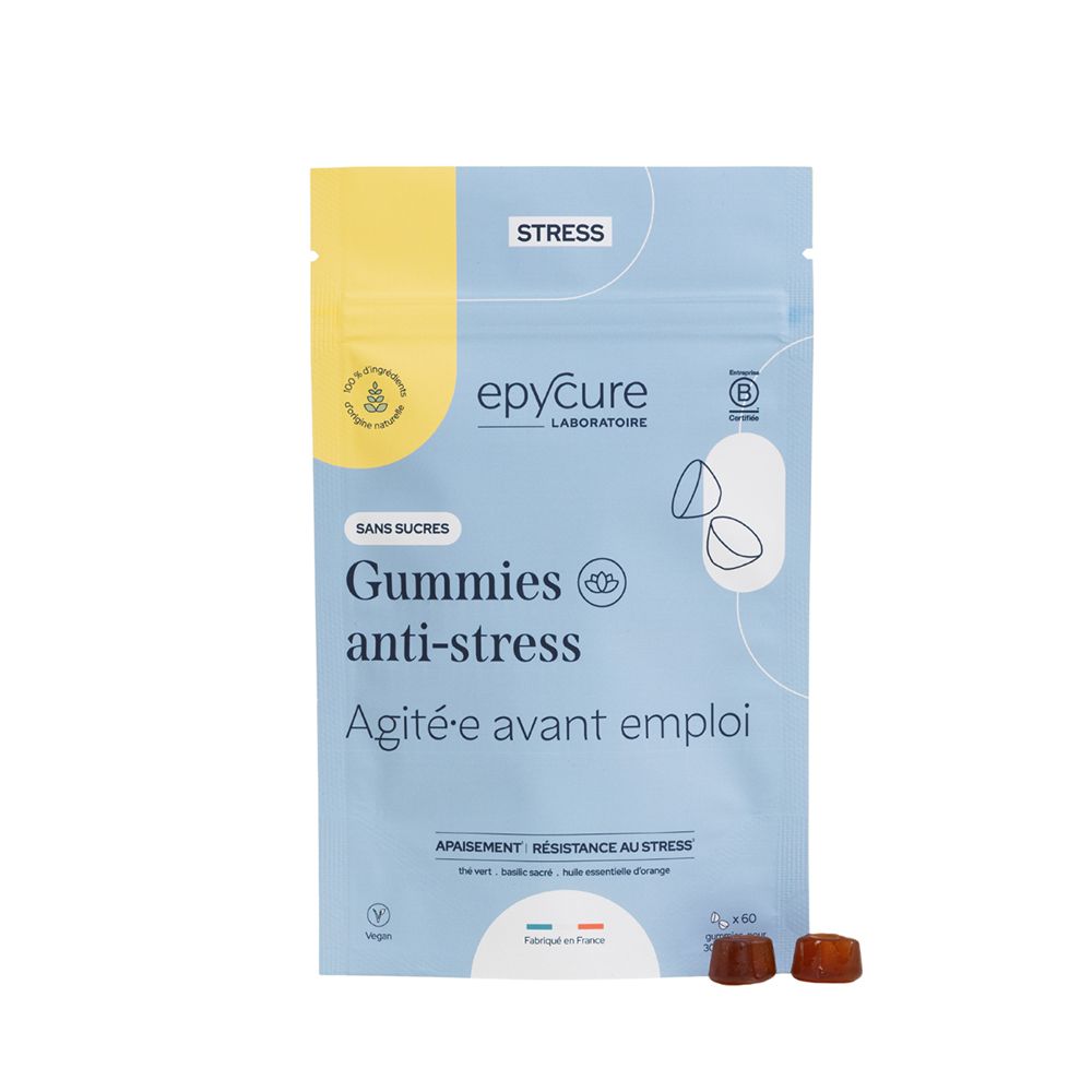 Sachet de gummies anti-stress sans sucres. Marque epyCure. Deux gummies marron à côté. Inscription: Agité·e avant emploi.