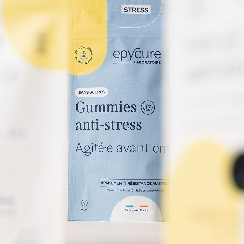 Sachet de gummies anti-stress sans sucres. Marque epyCure. Zone jaune en haut.