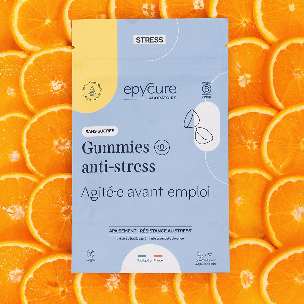 Sachet de gummies anti-stress sans sucres. Marque epyCure. Fond: oranges.