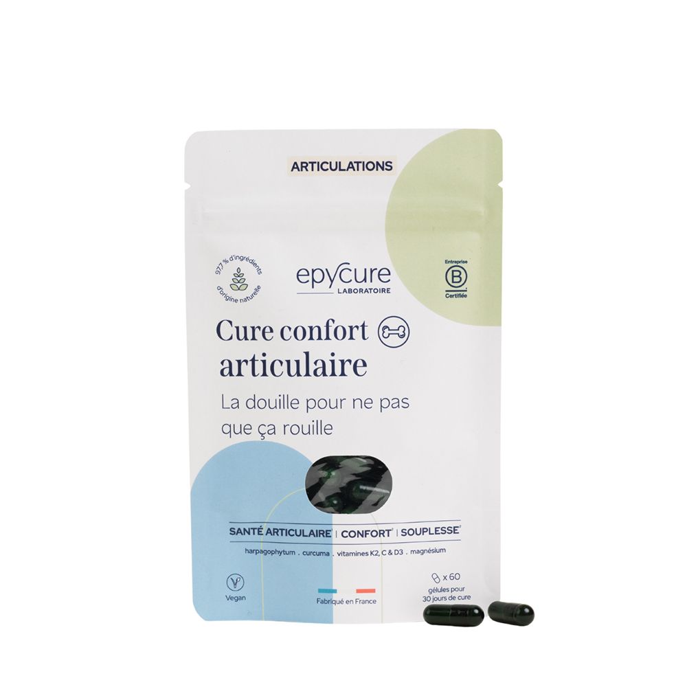 Sachet de gélules. Inscription : Epycure Cure confort articulaire. Contient 60 gélules. Logo vegan. Logo de certification.