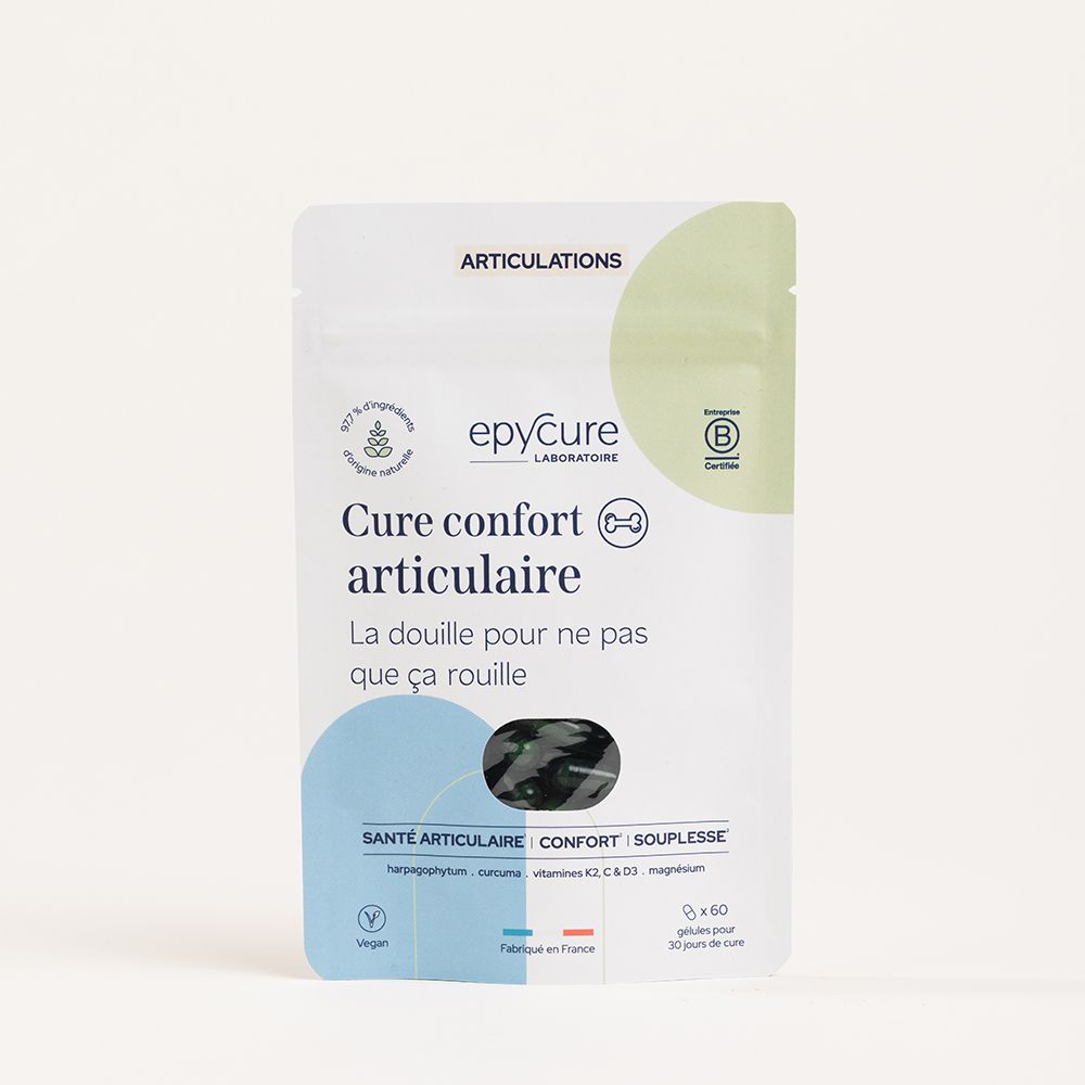Sachet de gélules. Inscription : Epycure Cure confort articulaire. Contient 60 gélules. Logo vegan. Logo de certification.