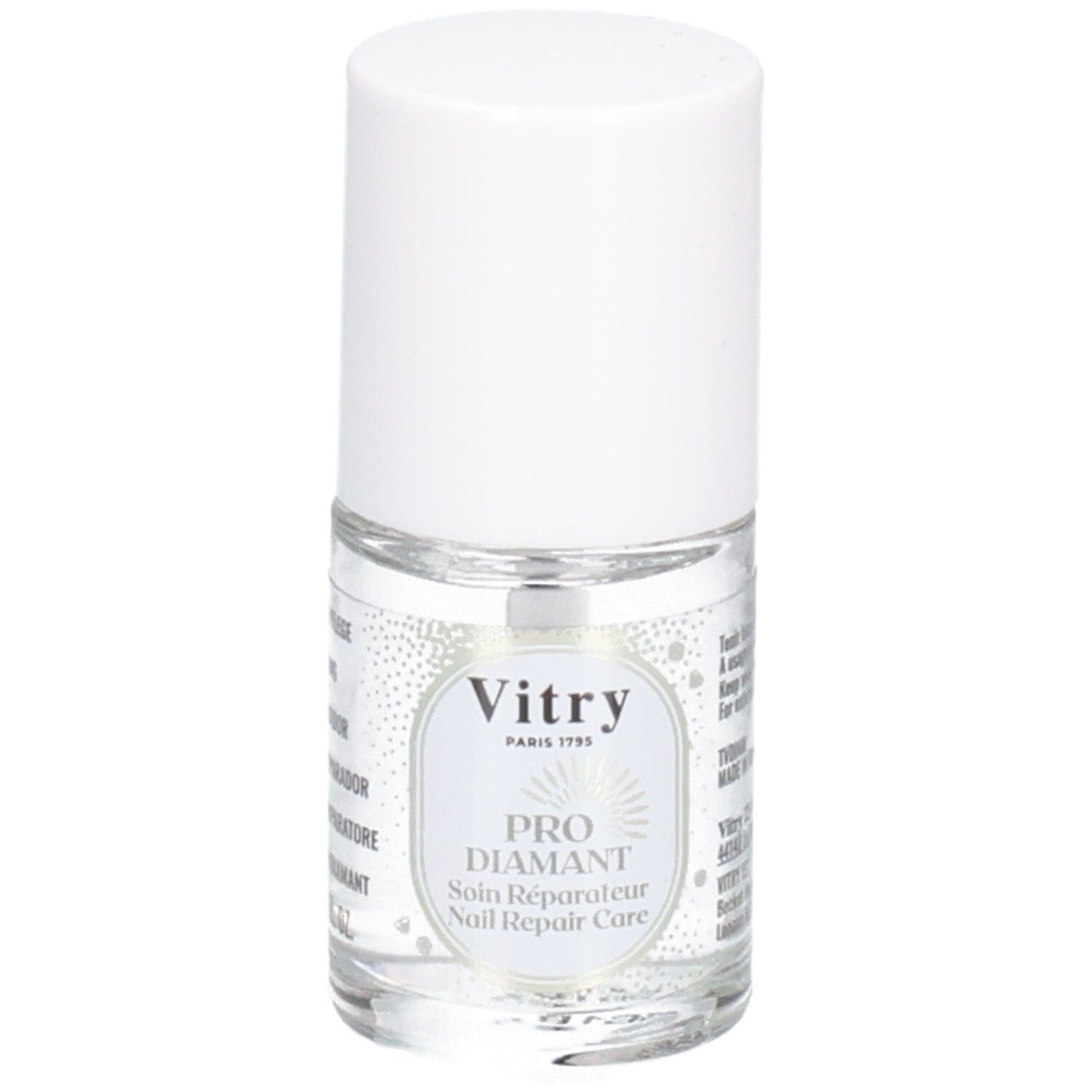 Flacon transparent avec bouchon blanc. Étiquette "Vitry" et "PRO DIAMANT".