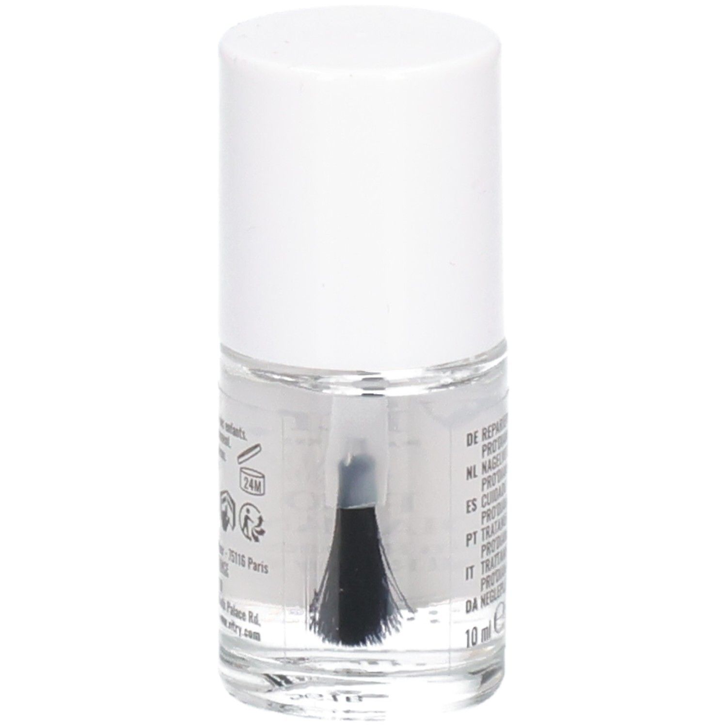 Flacon transparent avec bouchon blanc. Pinceau visible. Dos avec texte.