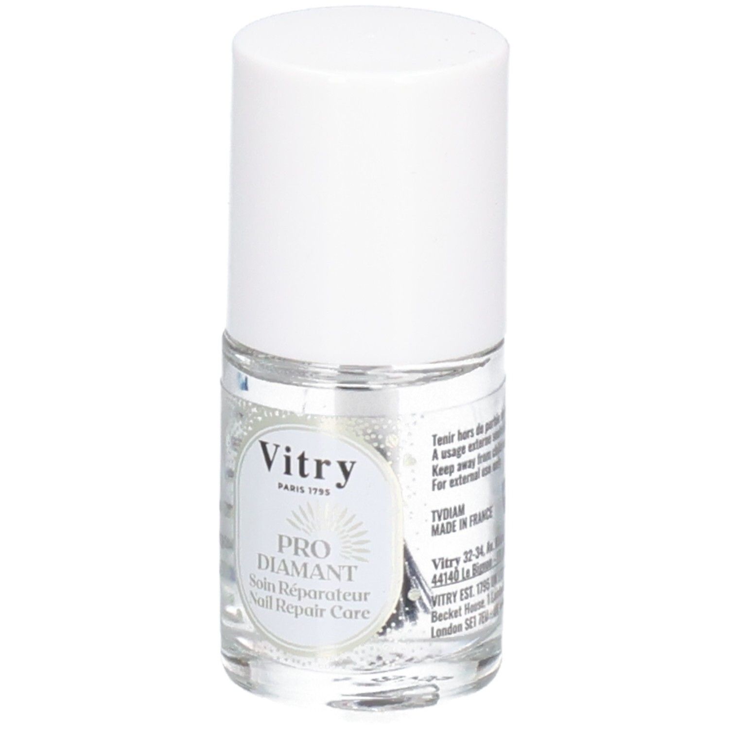 Flacon transparent avec bouchon blanc. Étiquette "Vitry" et "PRO DIAMANT".