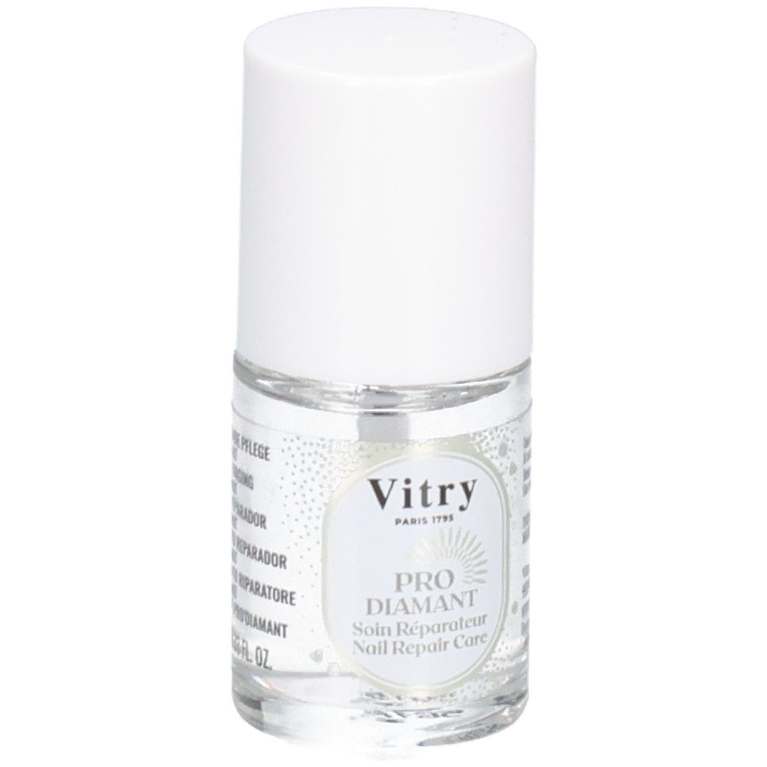Flacon transparent avec bouchon blanc. Étiquette "Vitry" et "PRO DIAMANT".