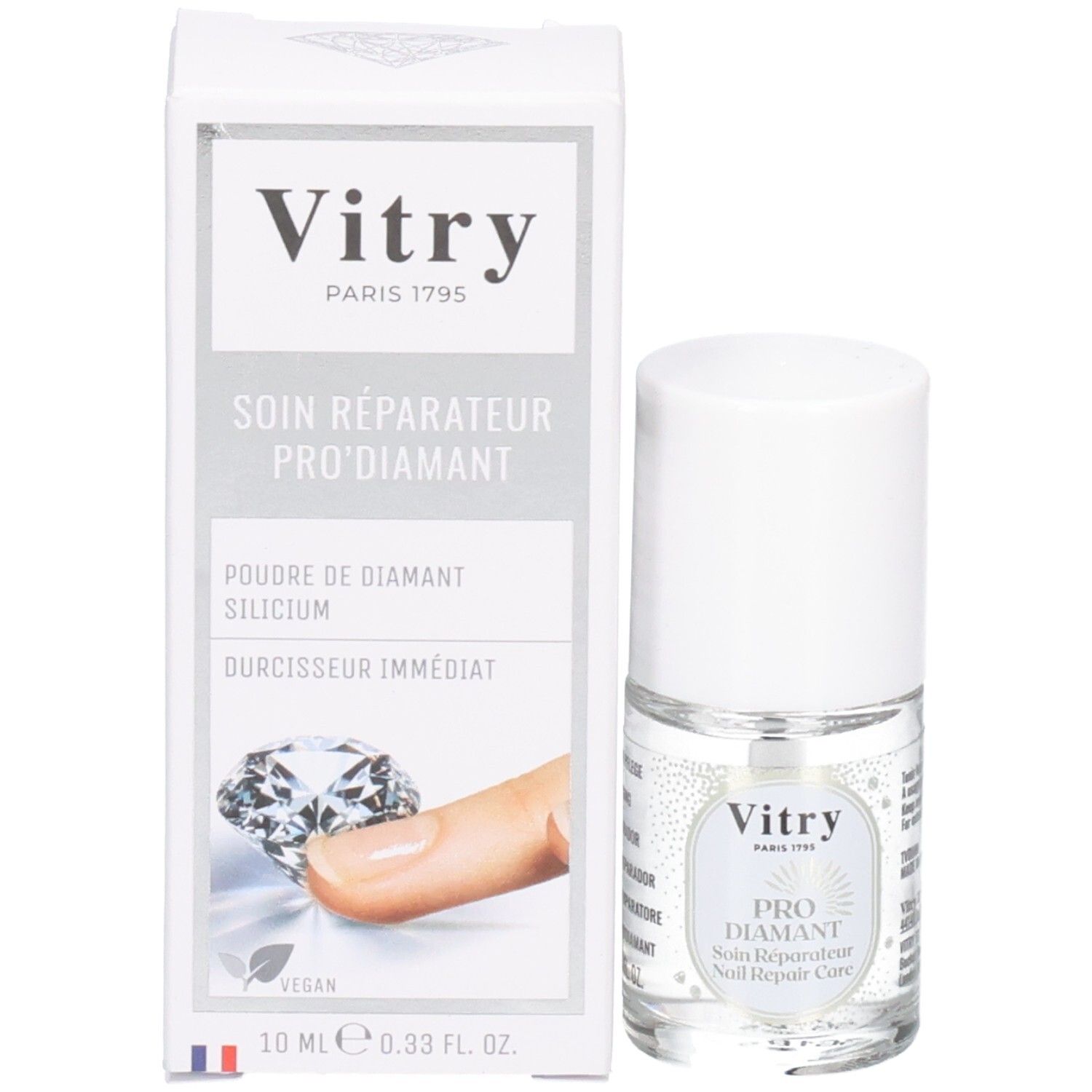 Flacon du produit à côté d'une boîte blanche. Boîte avec "Vitry" et "PRO DIAMANT".