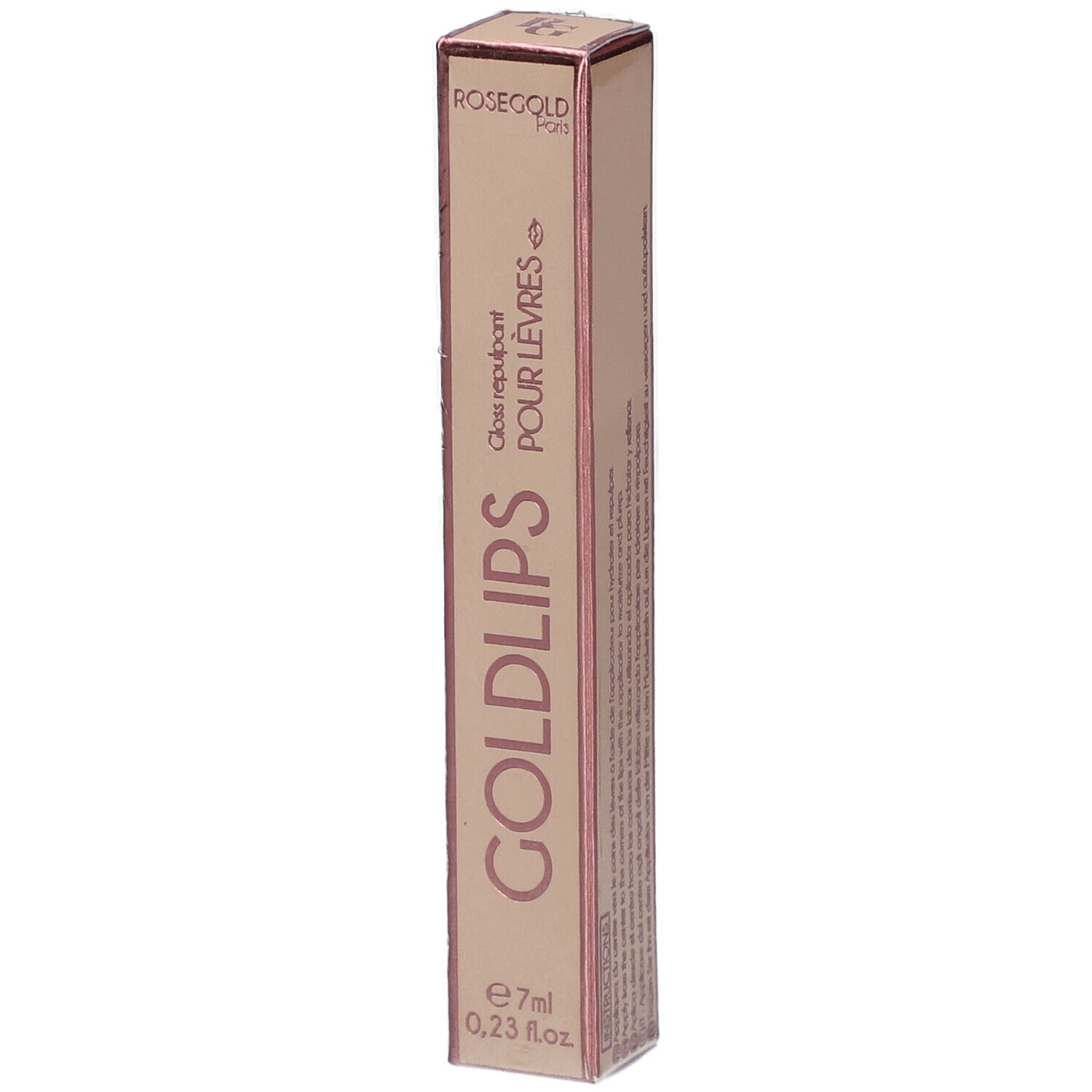 Emballage rose doré avec GOLDLIPS. Contient 7ml de gloss. Texte: Gloss repulpant pour lèvres.