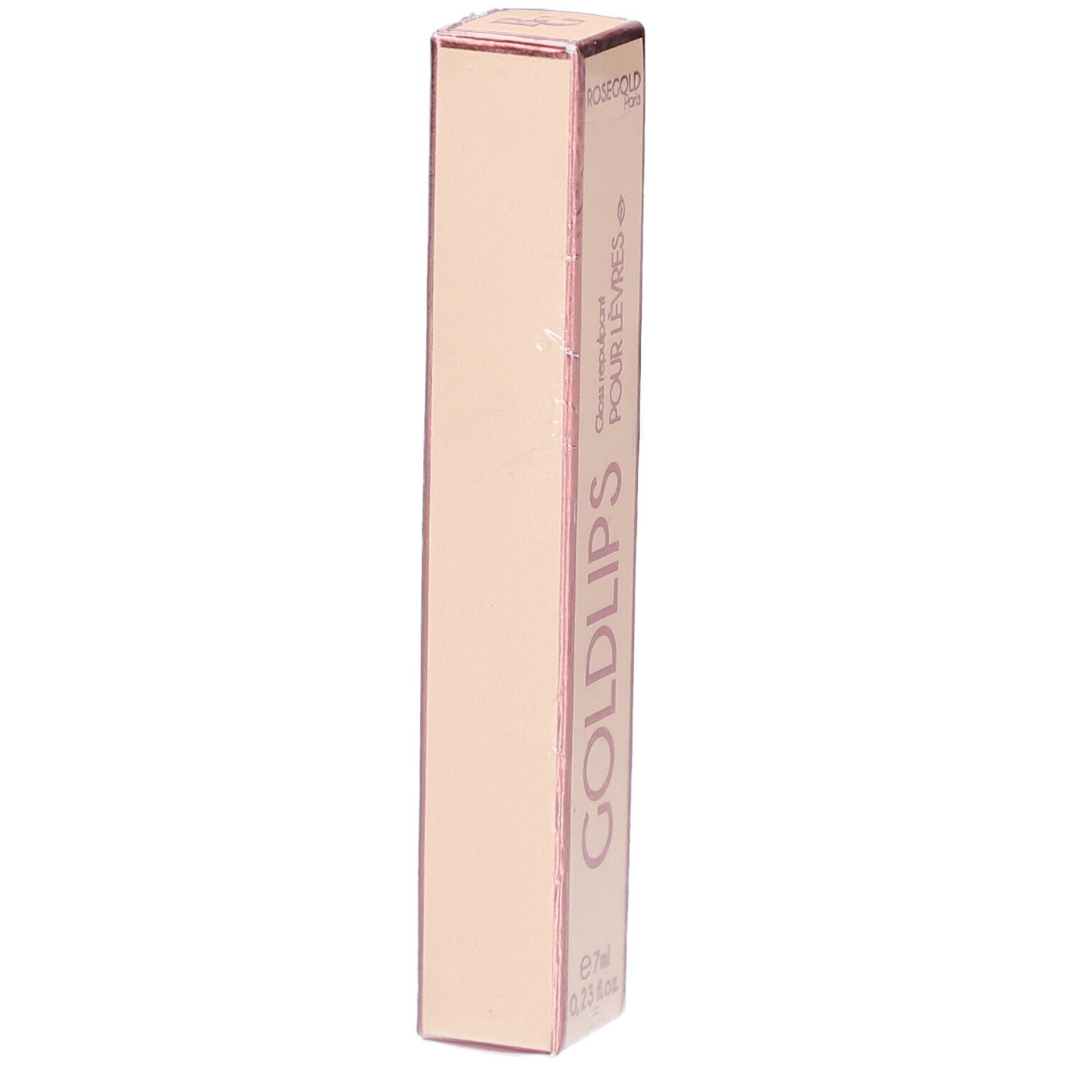 Emballage rose doré avec GOLDLIPS. Contient 7ml de gloss. Texte: Gloss repulpant pour lèvres.