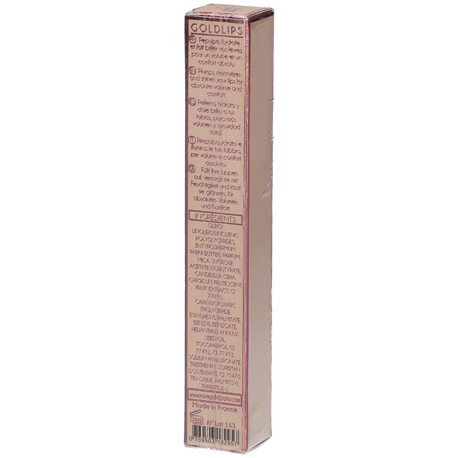 Dos de l'emballage rose doré avec ingrédients et instructions. Nom du produit: GOLDLIPS. Texte multilingue.