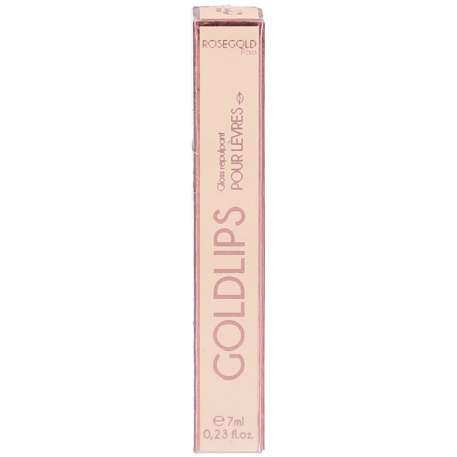 Emballage rose doré avec GOLDLIPS. Contient 7ml de gloss. Texte: Gloss repulpant pour lèvres.