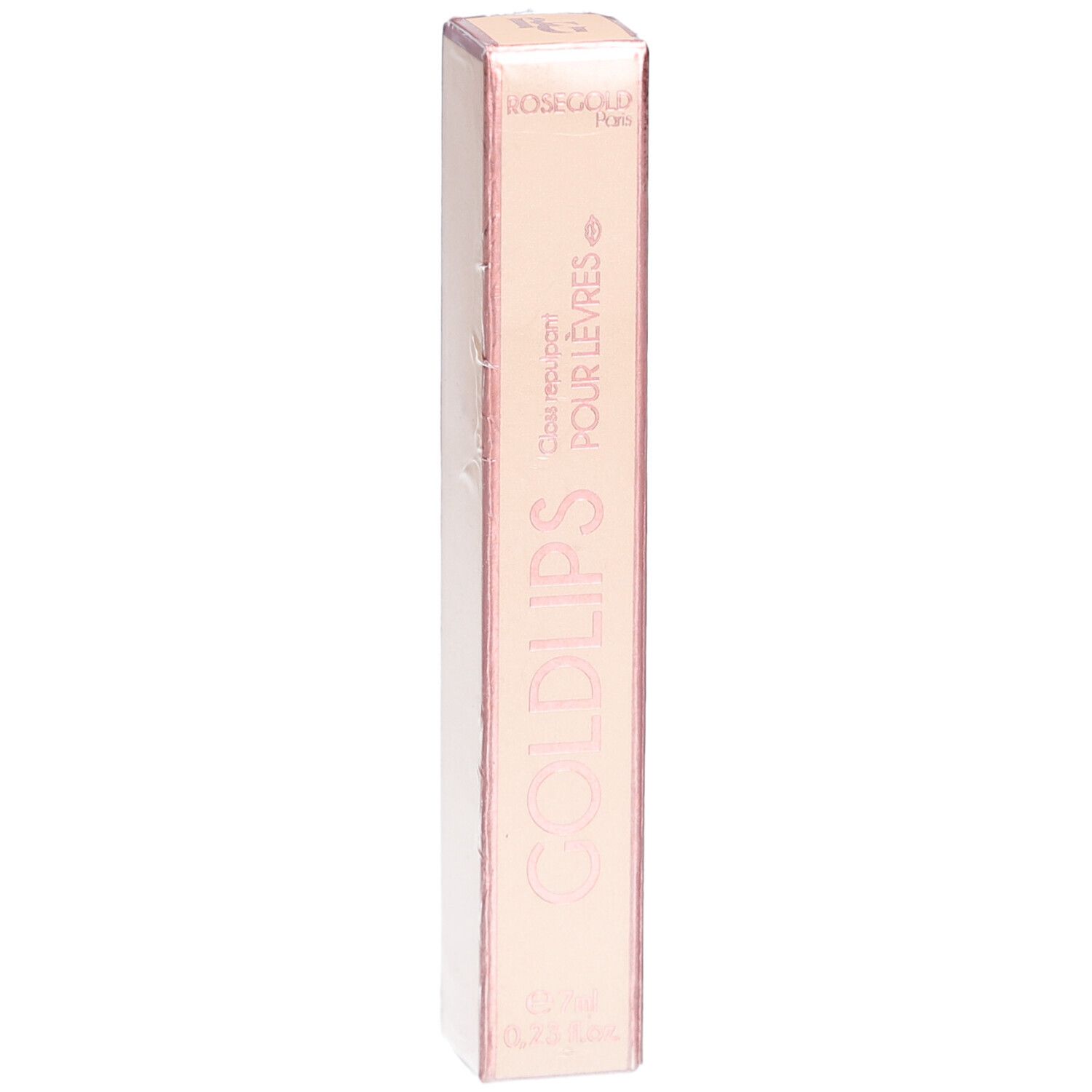 Emballage rose doré avec GOLDLIPS. Contient 7ml de gloss. Texte: Gloss repulpant pour lèvres.