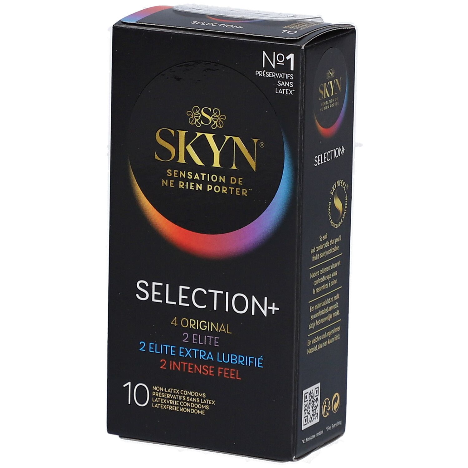 Boîte noire SKYN SELECTION+ avec 10 préservatifs. Inclus: 4 Original, 2 Elite, 2 Elite Extra Lubrifié, 2 Intense Feel. Sans latex.