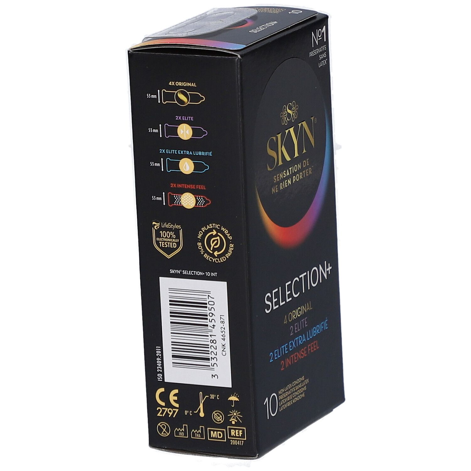 Boîte noire SKYN SELECTION+. Vue latérale avec informations et certifications. Contient 10 préservatifs. Sans latex.