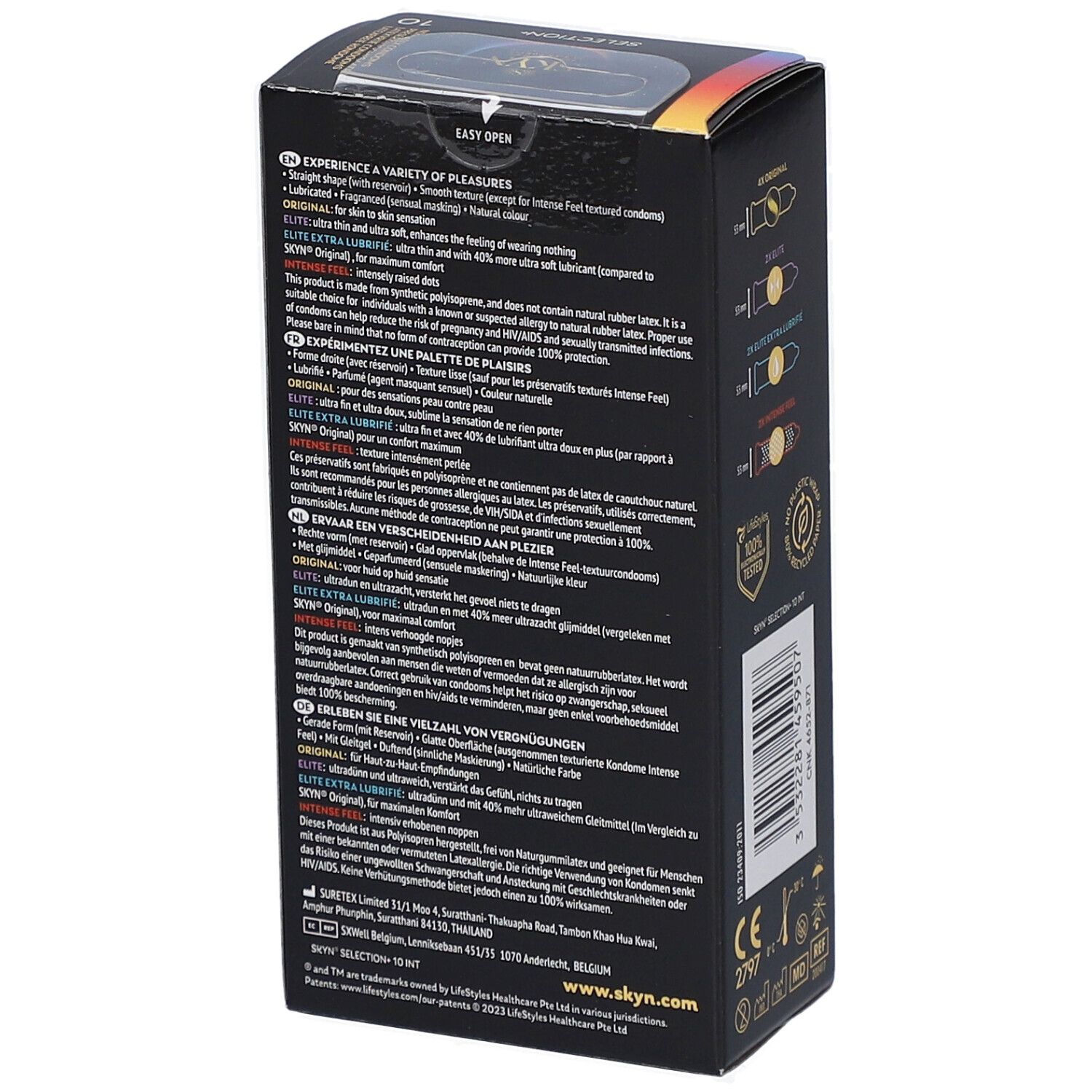 Dos de la boîte noire SKYN SELECTION+. Texte multilingue. Informations sur les préservatifs.