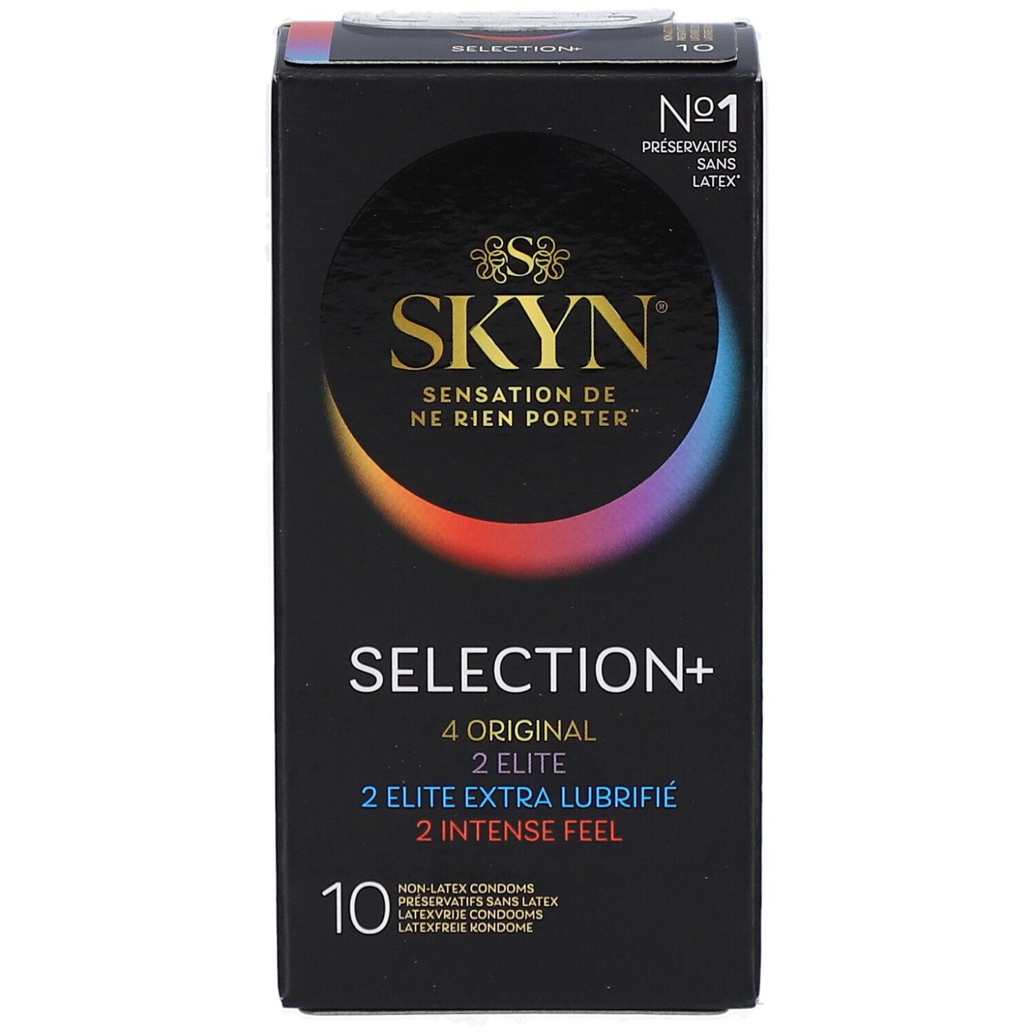 Boîte noire SKYN SELECTION+ avec 10 préservatifs. Logo et texte: 4 Original, 2 Elite, 2 Elite Extra Lubrifié, 2 Intense Feel. Sans latex.