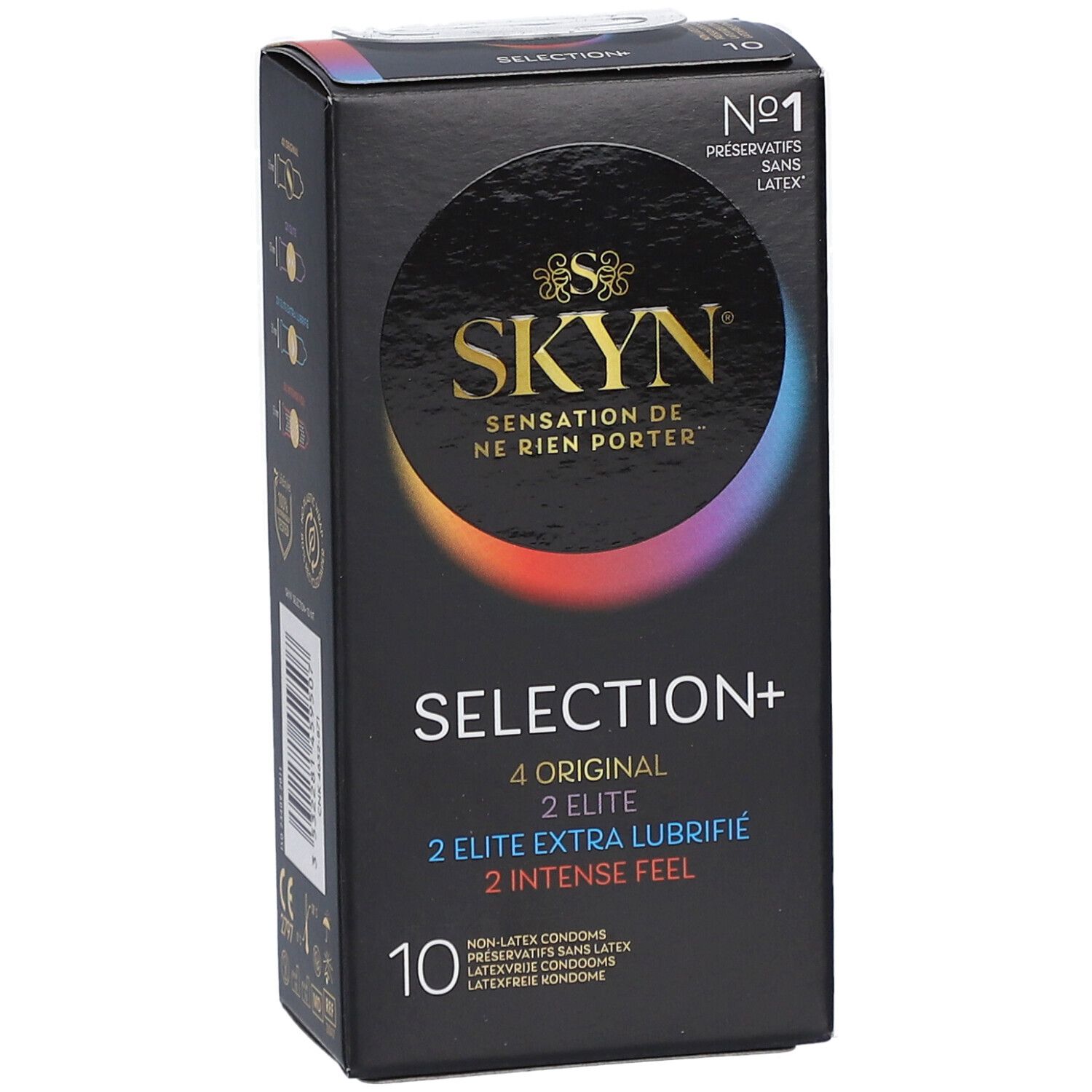 Boîte noire SKYN SELECTION+ avec 10 préservatifs. Logo et texte: 4 Original, 2 Elite, 2 Elite Extra Lubrifié, 2 Intense Feel. Sans latex.