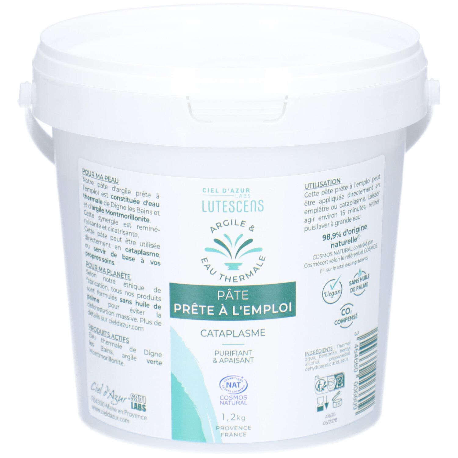 Seau blanc avec texte 'Ciel d'Azur Lutescens Pâte Prête à l'Emploi'. Inscription 'Argile & Eau Thermale'. Contient 1,2 kg.