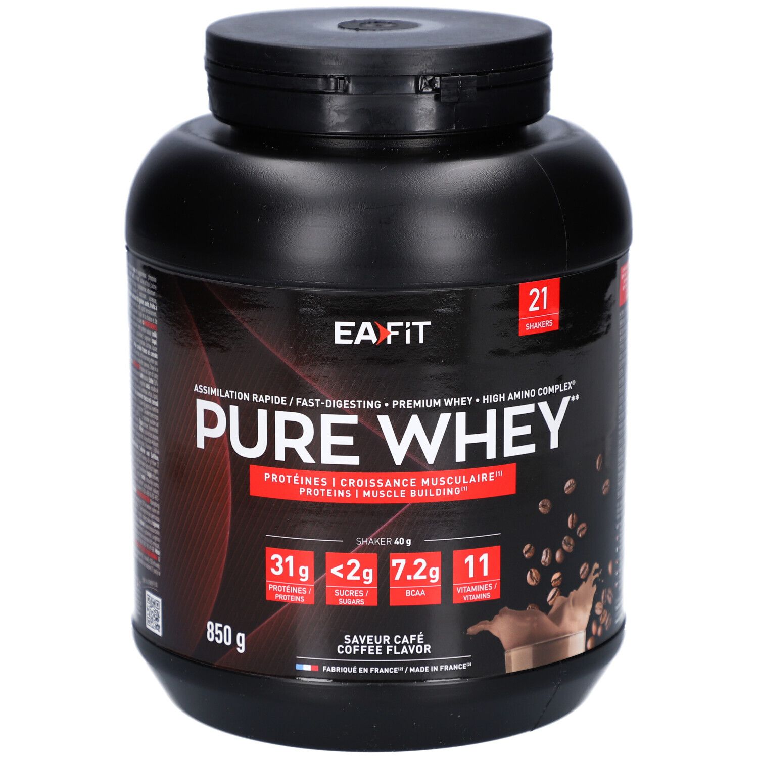 Pot noir EA FIT Pure Whey Cappuccino. Inscription: Pure Whey, 850 g, saveur café. Contient protéines, sucres, BCAA et vitamines.