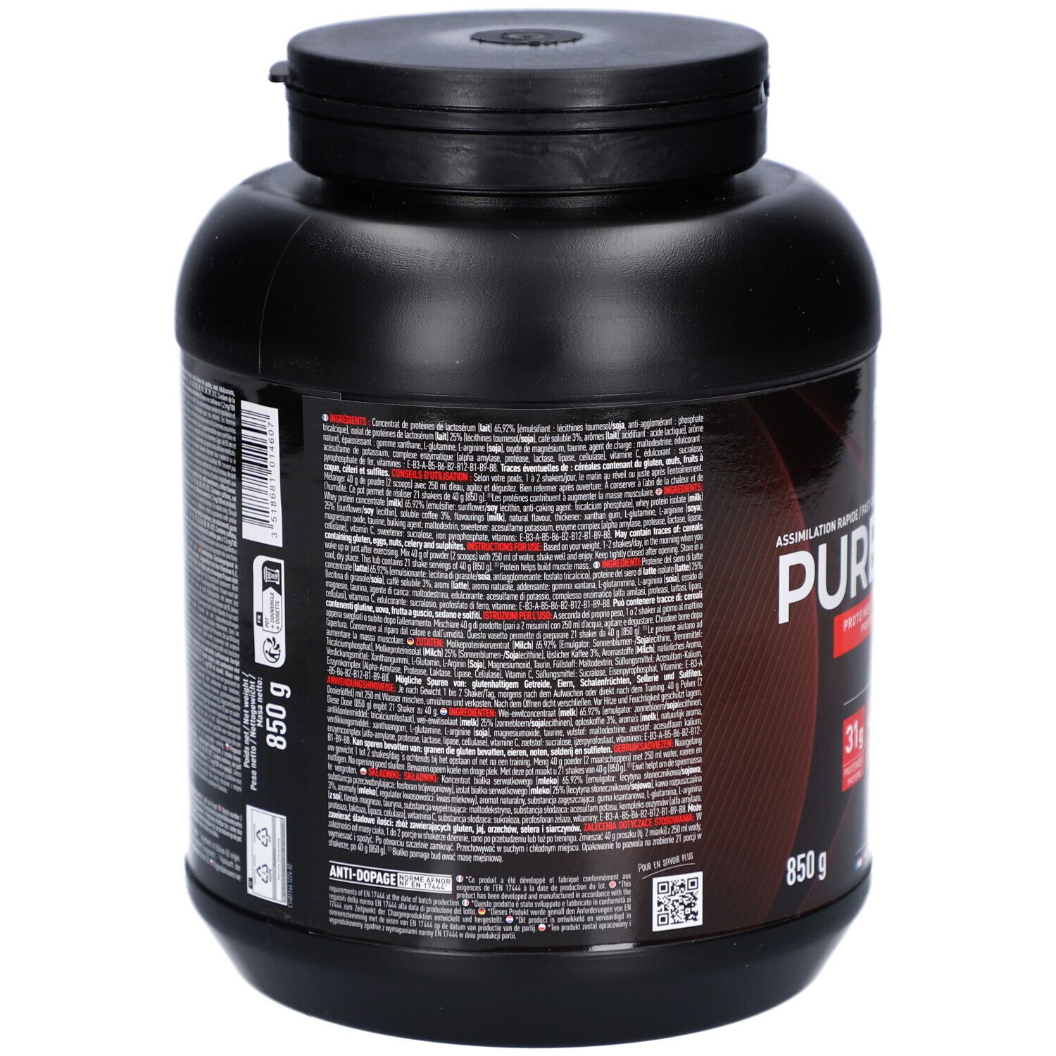Dos du pot noir EA FIT Pure Whey Cappuccino. Texte multilingue. Contient informations nutritionnelles et liste des ingrédients.