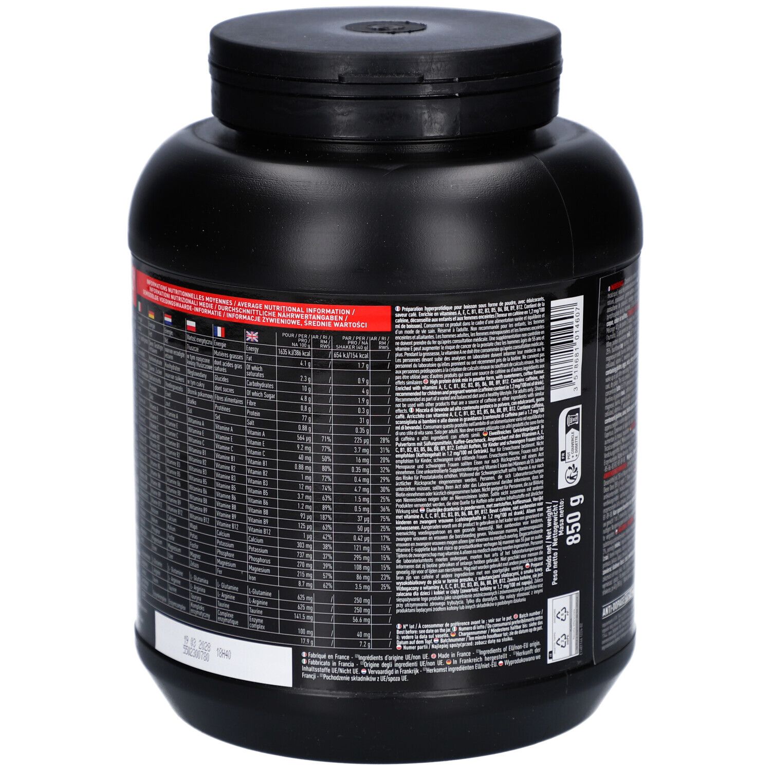Dos du pot noir EA FIT Pure Whey Cappuccino. Vue détaillée du tableau nutritionnel et de la liste des ingrédients en plusieurs langues.