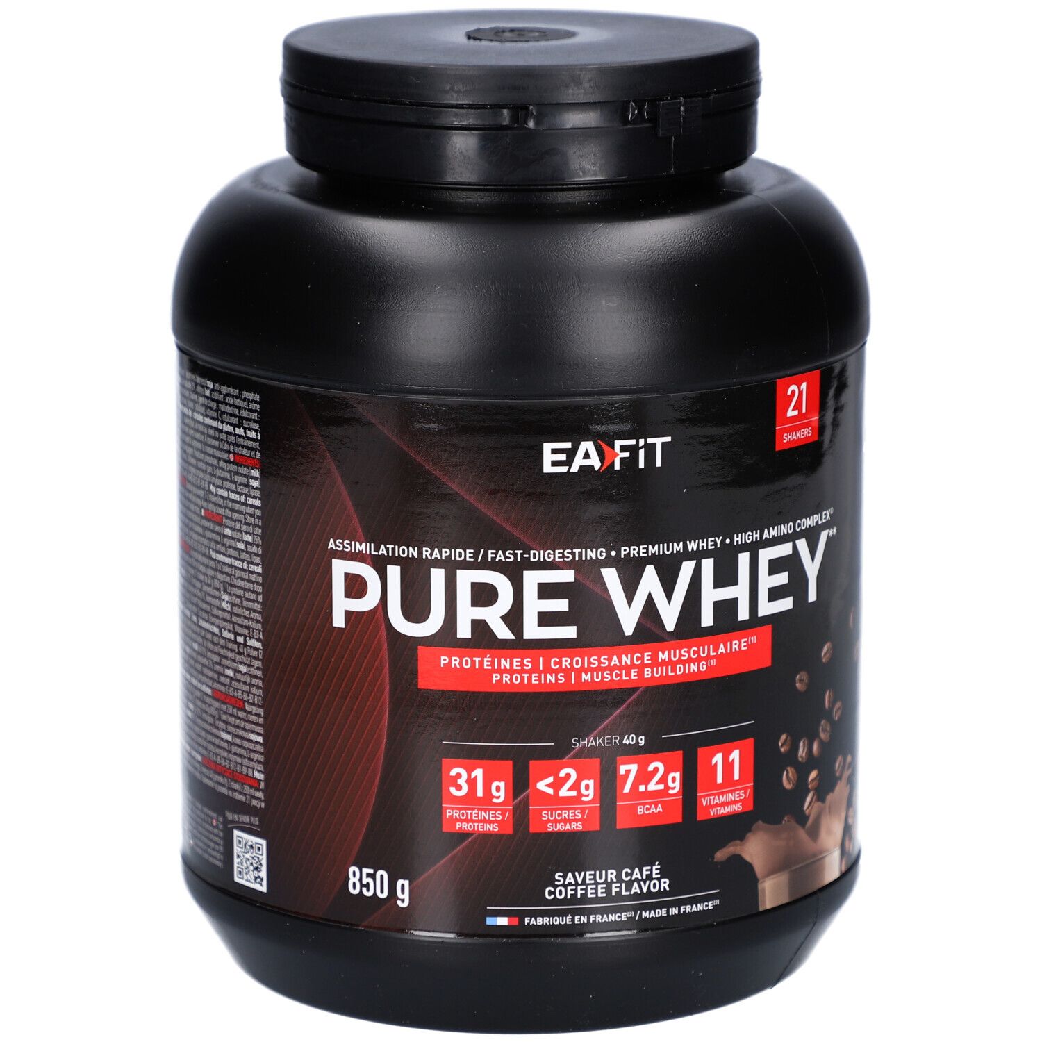 Pot noir EA FIT Pure Whey Cappuccino. Inscription: Pure Whey, 850 g, saveur café. Contient protéines, sucres, BCAA et vitamines.