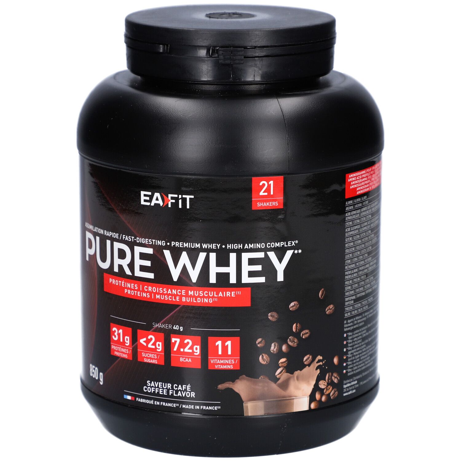 Pot noir EA FIT Pure Whey Cappuccino. Inscription: Pure Whey, 850 g, saveur café. Contient protéines, sucres, BCAA et vitamines.