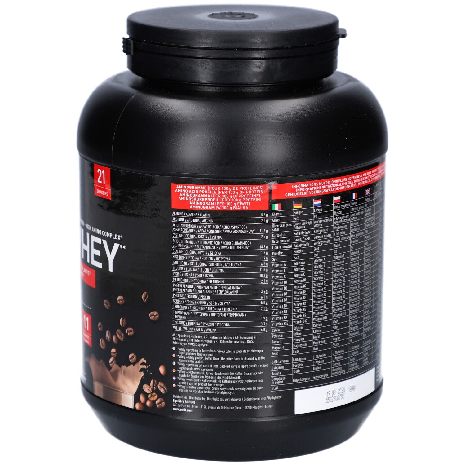 Dos du pot noir EA FIT Pure Whey Cappuccino. Texte multilingue. Contient informations nutritionnelles et liste des ingrédients.