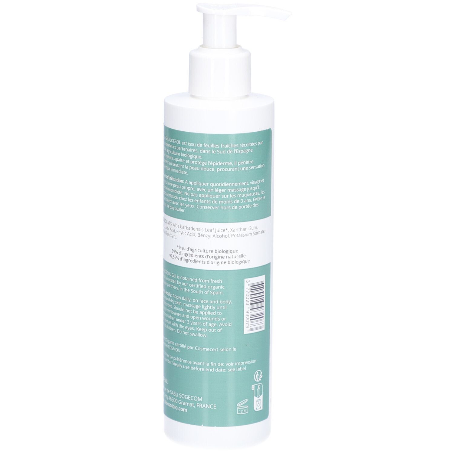 Dos d'un flacon de gel à l'aloe vera avec pompe. Texte sur les ingrédients et l'utilisation. Certification bio.